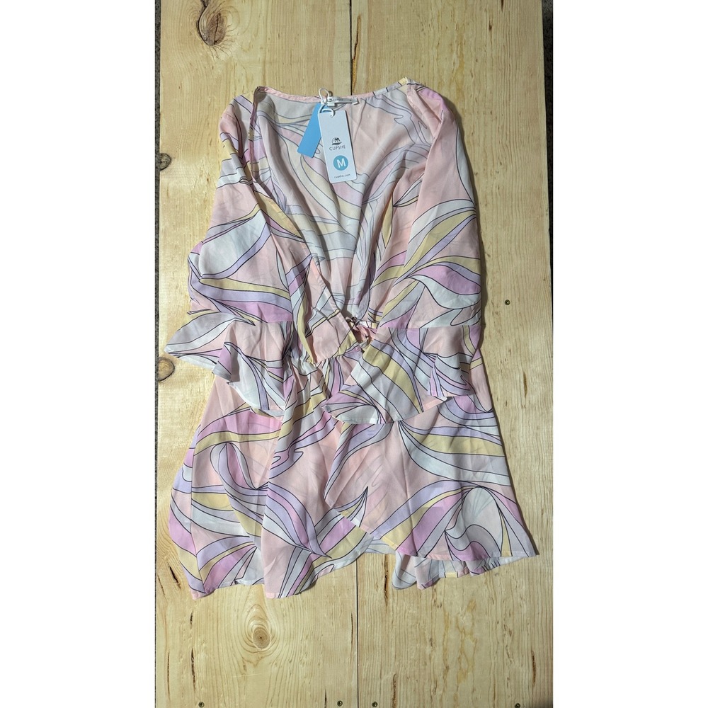 Cupshe Womens‎ Pink Abstract Swirl Ruffle Tie Front Swim Coverup Top Medium NWT